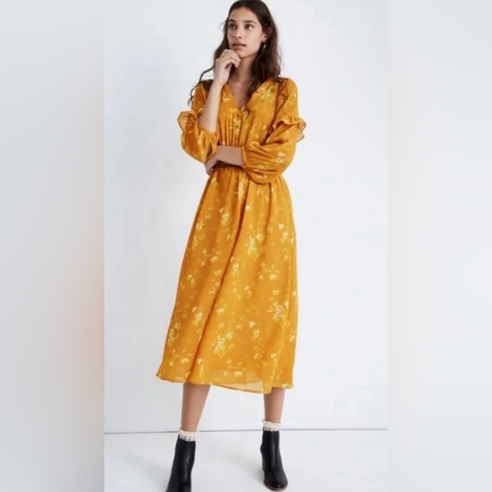 Madewell - Ruffle-Sleeve Button-Front Dress | Tonal Botanical - Rich Amber | 4